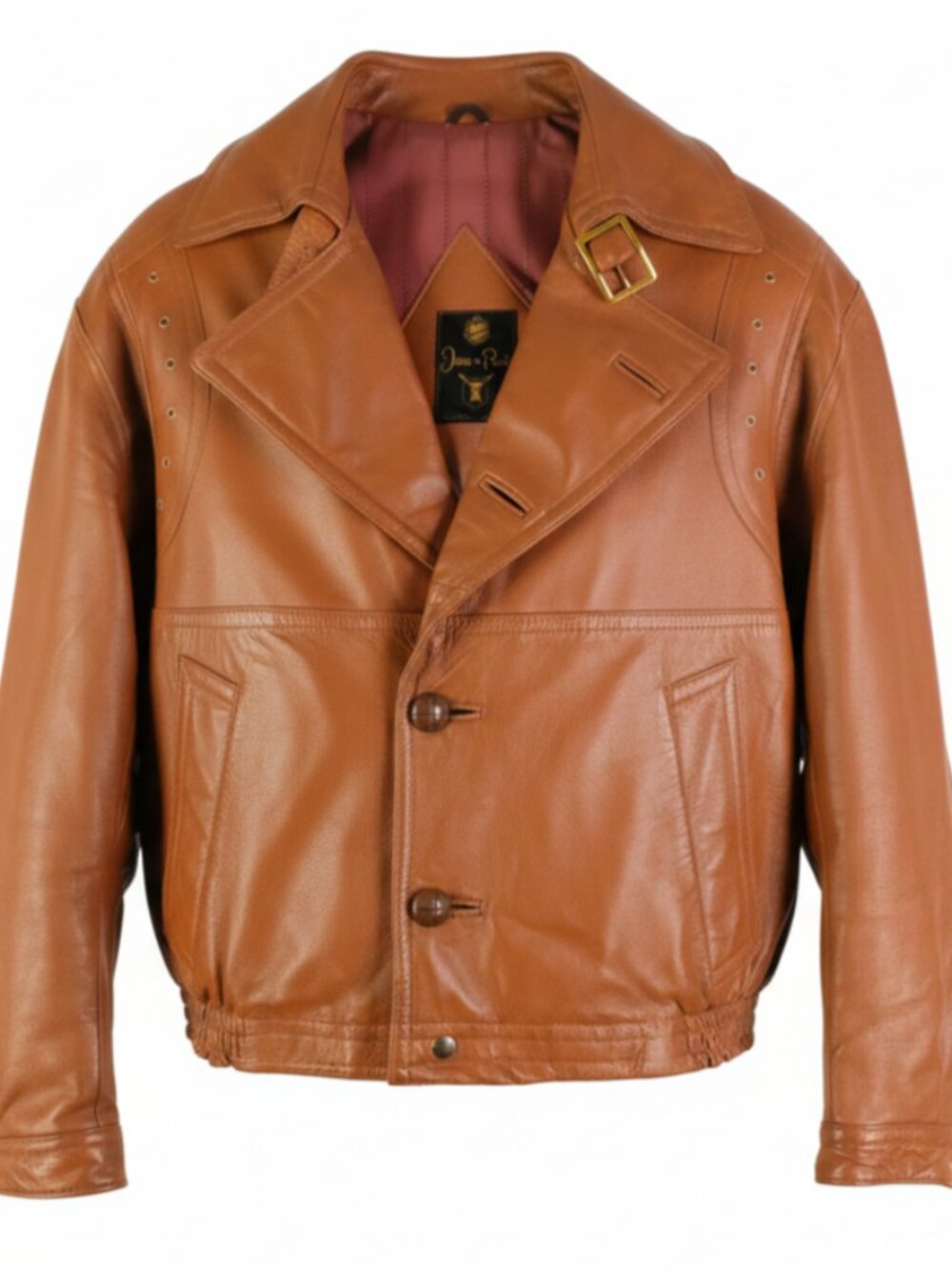 Vintage Leather Jacket Mens Large Brown 60S 70S Button Up Cropped Buckle